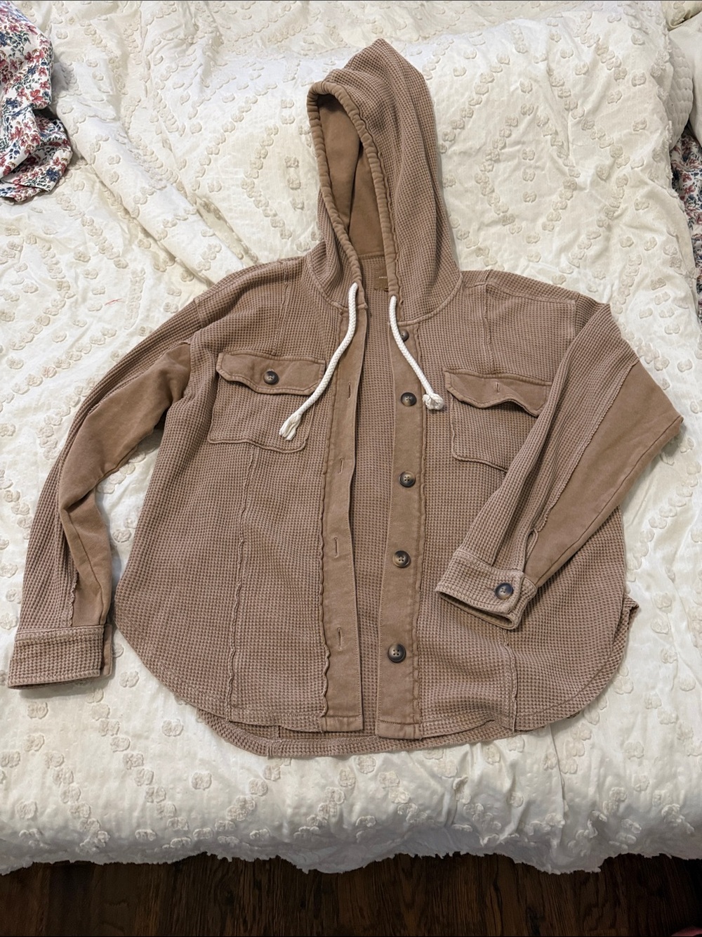 American Eagle oversized Textured Hooded Button-Up Jacket in Taupe